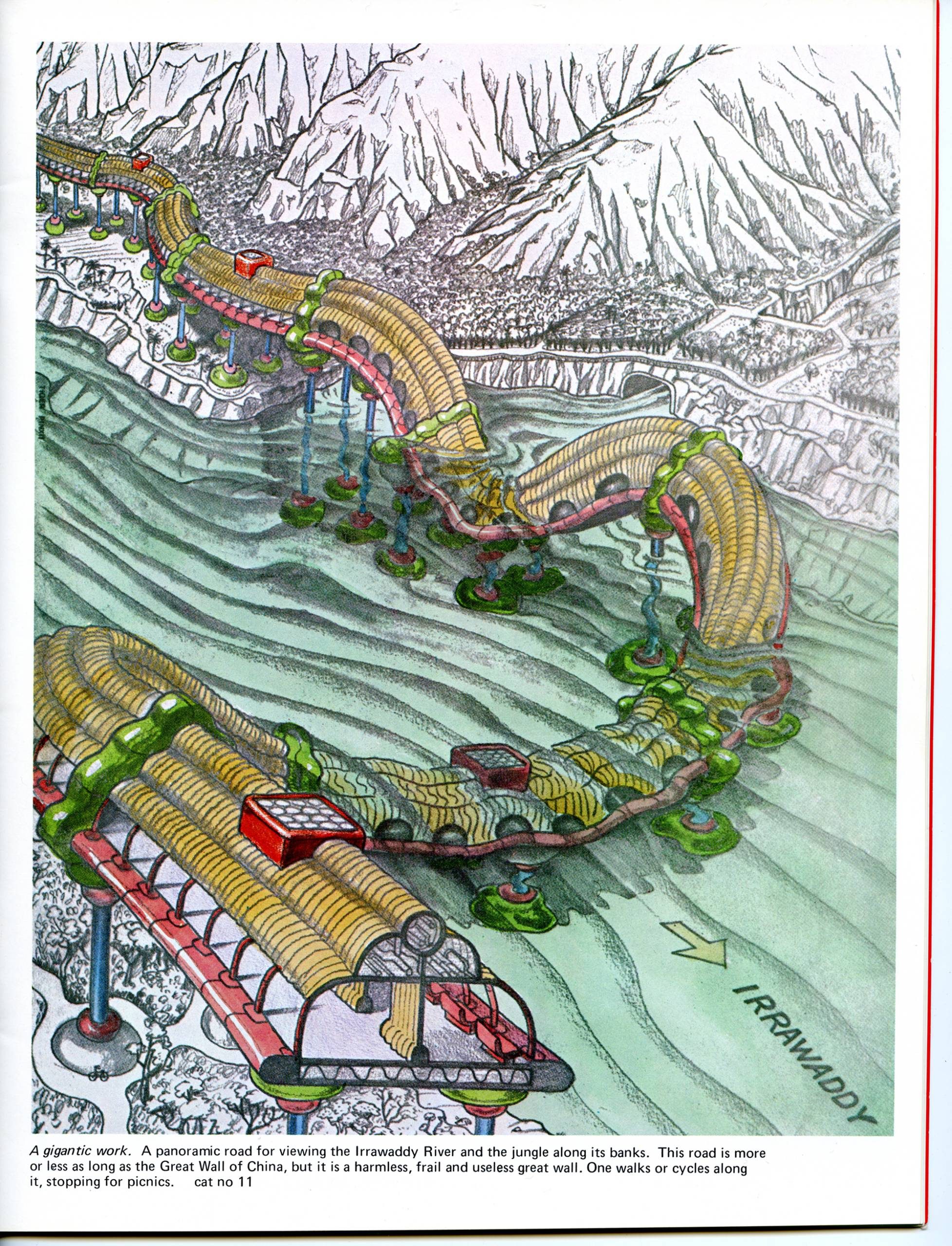A watercolor illustration of a long, elevated, winding viewing platform following the Irrawaddy River, depicted with red structural supports and yellow roof segments.