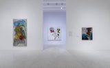 Three abstract paintings hang on white gallery walls, with two on either side of a wide opening and one centered in the next room. The floor is pale terrazzo, and the space is quiet and brightly lit.