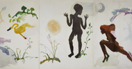 Triptych artwork on a white wall featuring abstract figures: a yellow bird, a standing silhouetted figure, and a crouching reddish figure, surrounded by plant shapes and soft, pastel backgrounds.