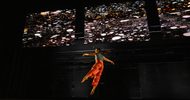 A person in a blue top and red pants leaps gracefully on stage beneath three large screens displaying colorful, abstract cosmic patterns. The background is dark, highlighting the movement and visuals.