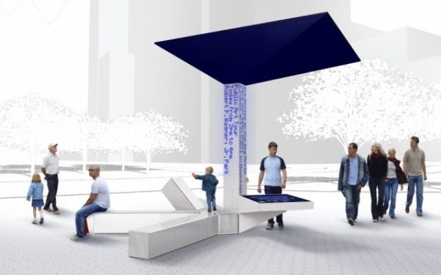 A digital composite of people walking in a digitally-made outdoor courtyard in black blue and white color.