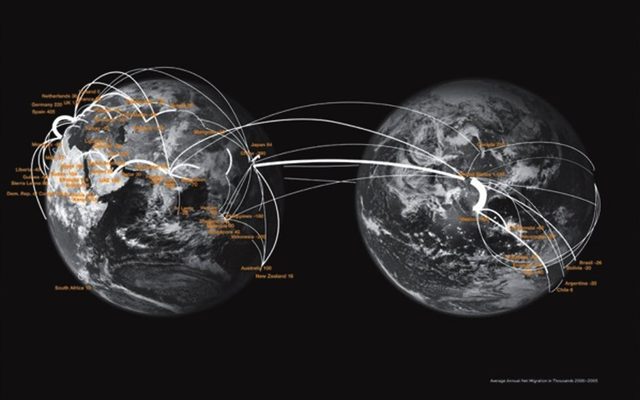 Black and white images of the earth at two different angles, showing flight paths in white labeled in orange text