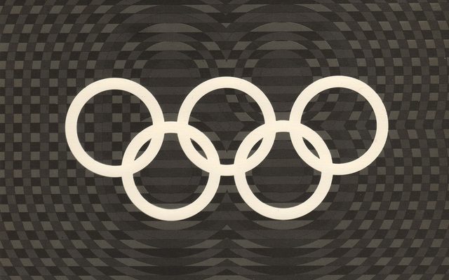 a digital design of the Olympic rings in white over a textured black and grey background