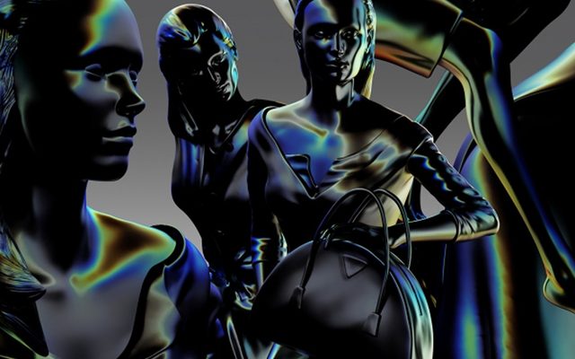 A digital composite of black mannequin with blue and green pearlescent hues posed in clothes and fashion handbags