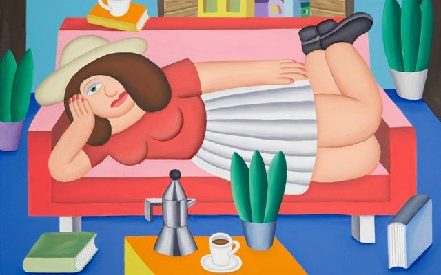 A colorful painting of a woman in a red shirt and white skirt laying down on a couch with coffee cups and books around her