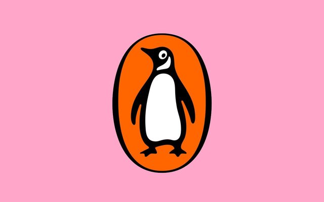 A cartoon penguin in a orange circle on a pink background