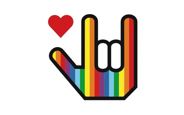 Digital art of a raised hand with the thumb, index, and pinky finger raised colored with rainbow stripes and the middle and ring finger folded down painted white, next to a small red heart