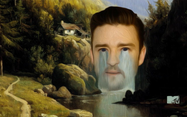 Digital painting of a landscape with trees and a home atop a hill, next to Justin Timberlake's face crying a stream into the river below. With an MTV logo in the bottom right corner