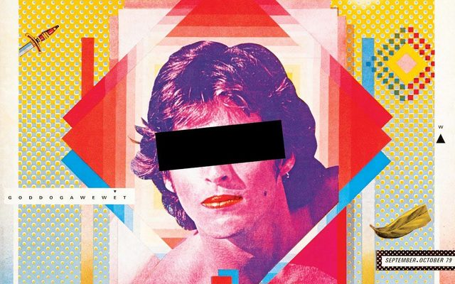 A colorful magazine cover with an adult with medium short hair and a black box over their eyes, composited over red and blue diamond shapes and smaller color diamond shapes in the background