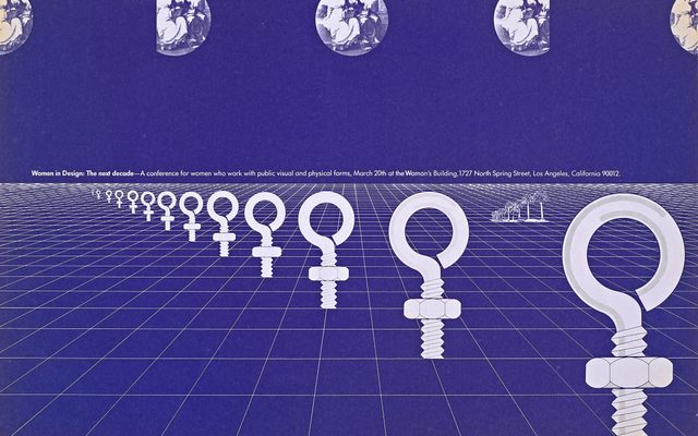 A blue digital design of a 3-D grid with a perspective line of screws that resembles a female sex symbol, with circle old-timey photos of women and small white text reading 