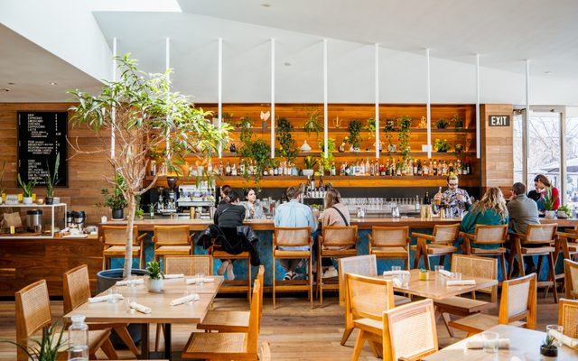 A restaurant with tables and chairs, and a long bar top with patrons sitting in bar stools and staff behind the bar.