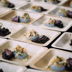 Rows of square wood plates: with slices of meet and a slaw