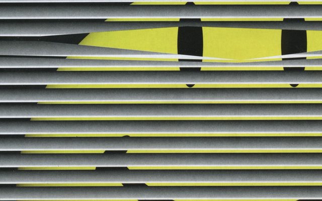A cartoon yellow smiley emoji looking through partially closed blinds