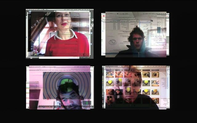 Four screens displays of adults looking at their computers with overlays of webpages over their faces