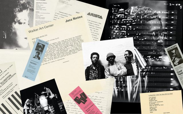 A collage of historical musical paperwork including sheet music, photos of artists, lyrics, Walker concert tickets, and articles.