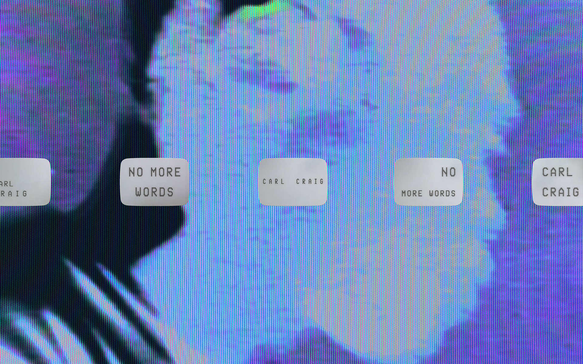 Blurred, colorful image with blue and purple tones features distorted text in white bubbles reading 