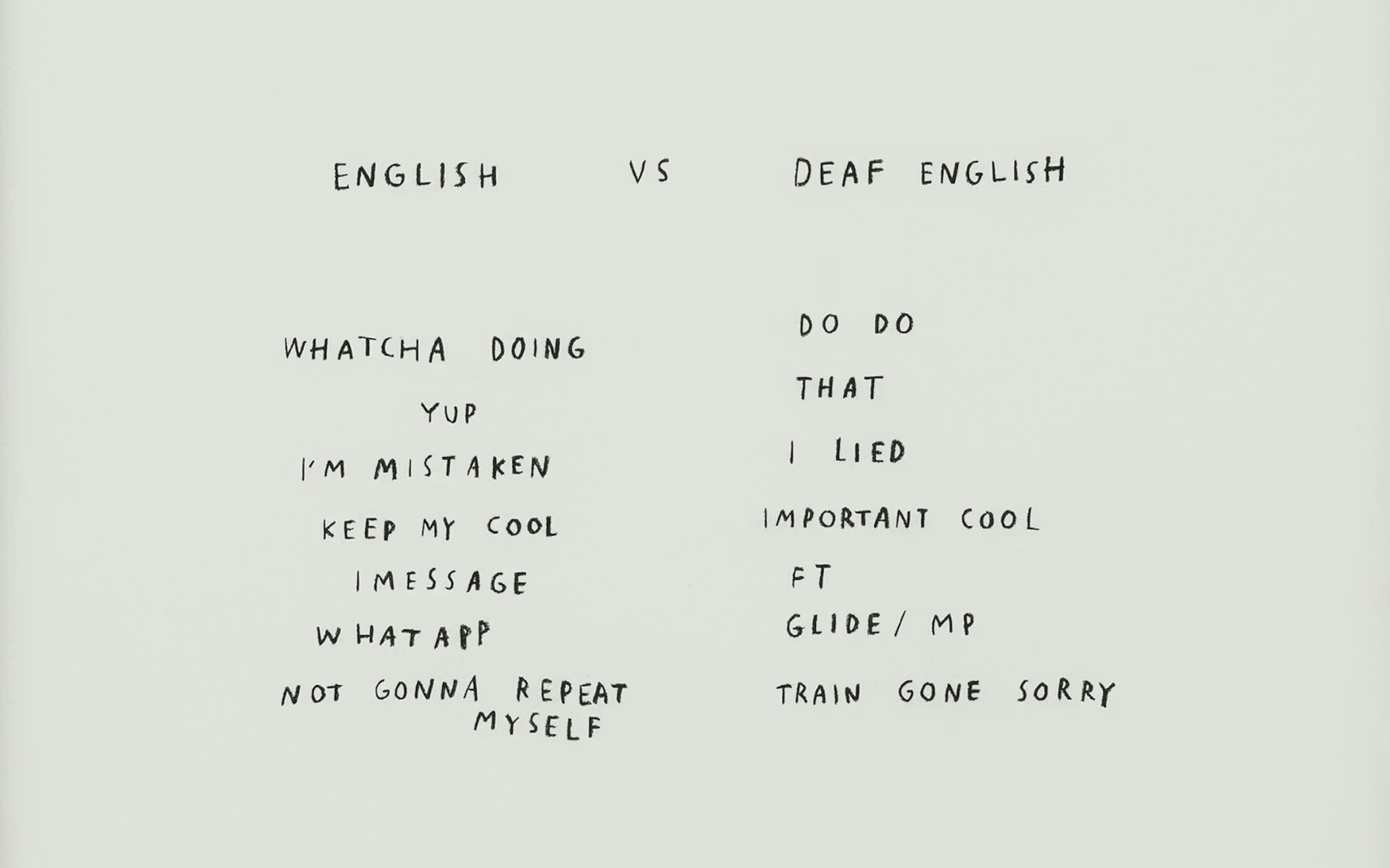 Black text on white paper in a frame. It reads: ENGLISH VS DEAF ENGLISH