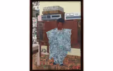 Painting of a young child with dark skin standing in a living room wearing a traditional African clothing and looking at the viewer.