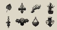 Eight black and white vintage-style illustrations: a leaf, hanging orbs, antlers, multi-armed figure, ornate pendant, human head with leaves, basket, and an abstract object on a beige background.
