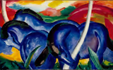 A vibrantly colored painting showing three stylized blue horses.