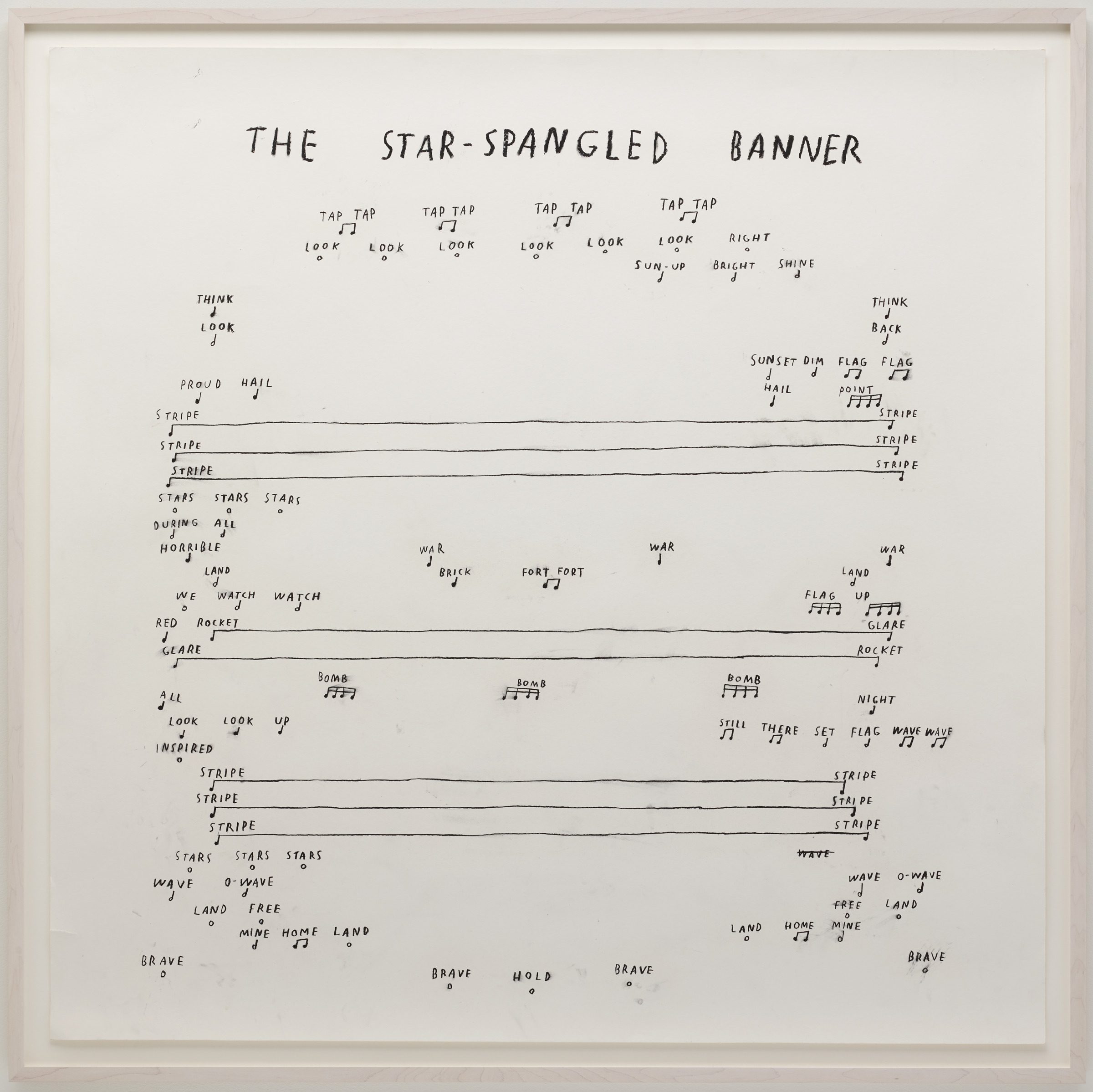 A large drawing in a frame with charcoal writing and musical notes scattered across the surface. The top reads THE STAR SPANGLED BANNER.