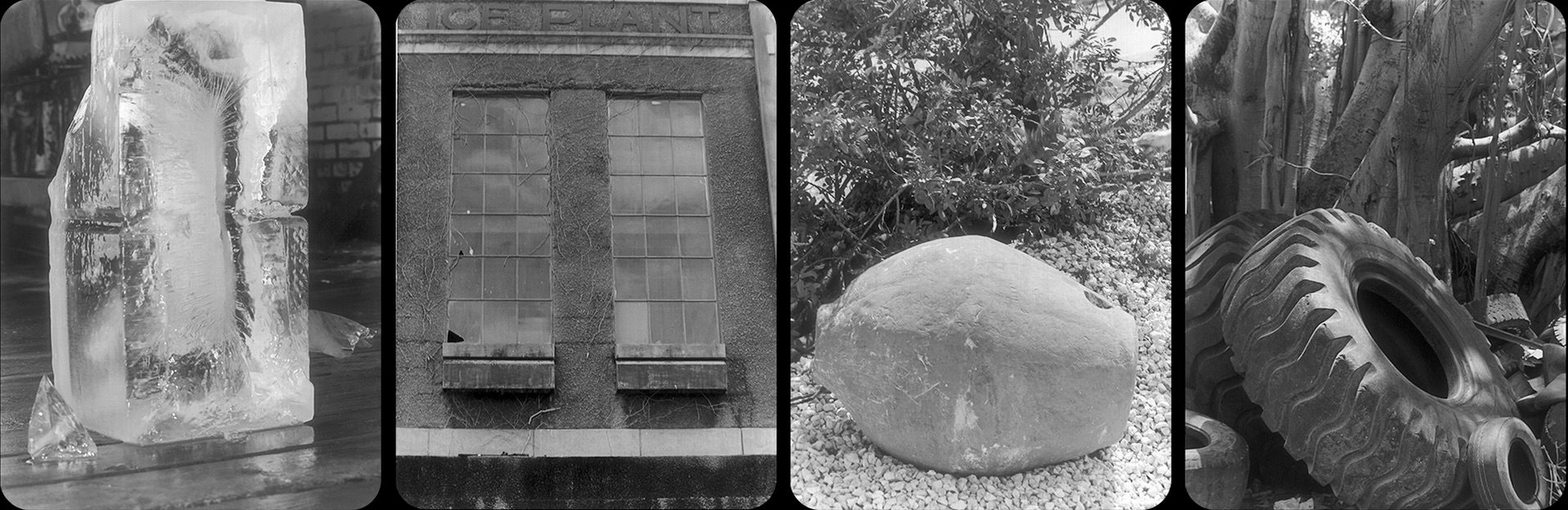 Four black-and-white photos: a tall ice block, an old industrial building, a large round boulder on gravel, and two stacked tractor tires by tree roots.