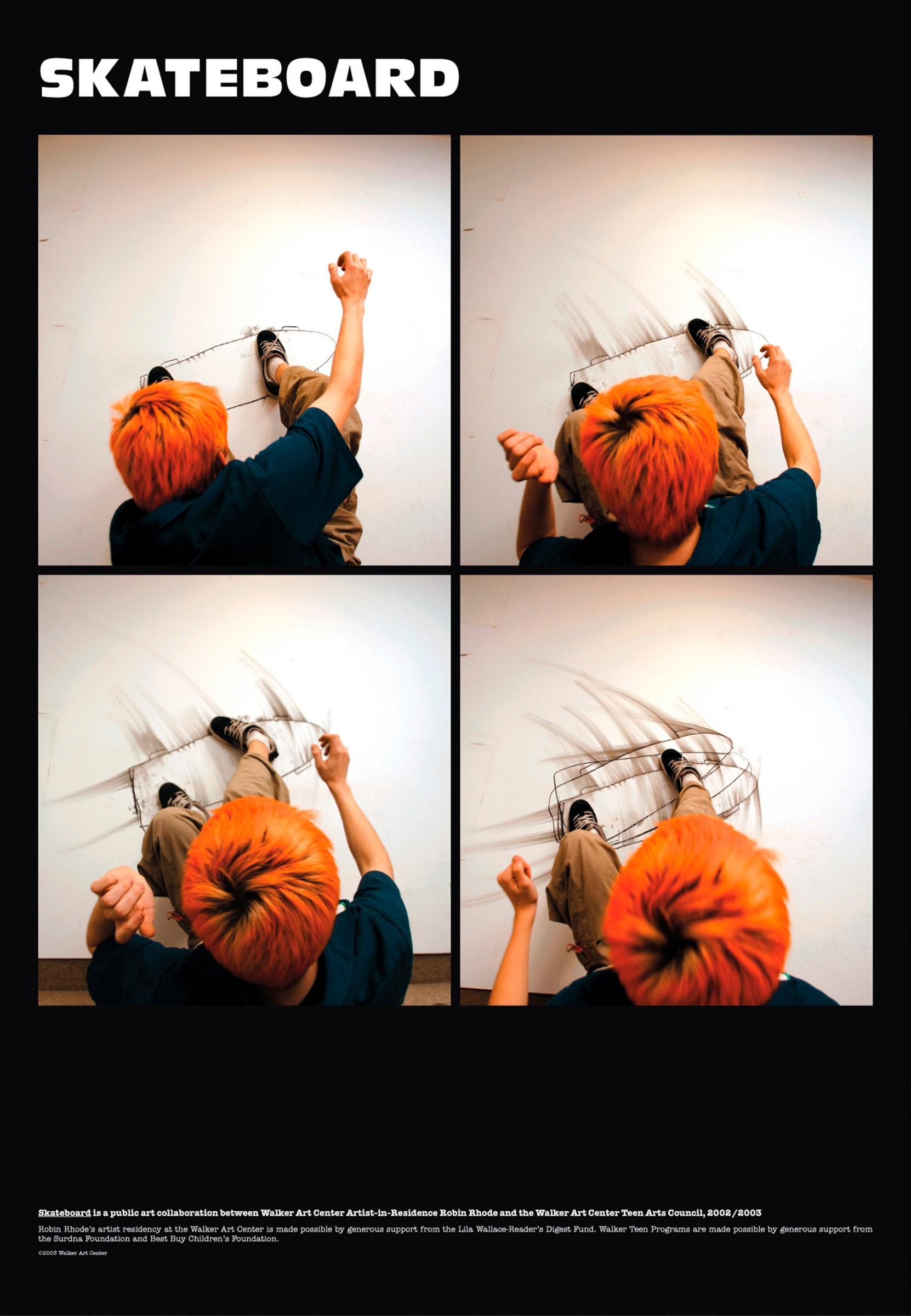 Four-panel image of a person with orange hair, viewed from above, smearing drawn lines on a white floor. Bold SKATEBOARD text appears at the top.
