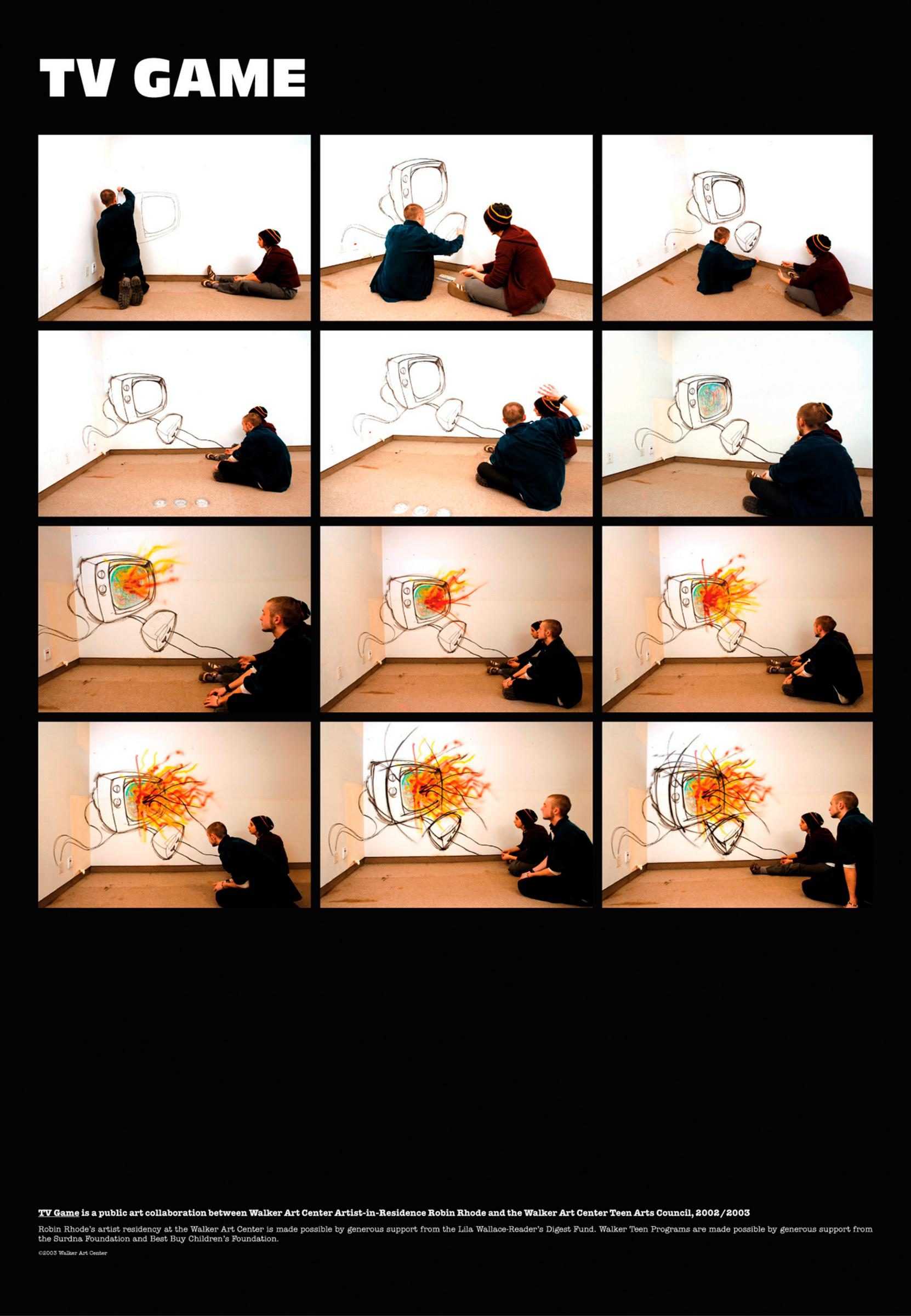 A sequence of 12 photos shows two people drawing and interacting with a TV screen on a wall; animated video game-style illustrations appear, showing dynamic action and colorful effects.