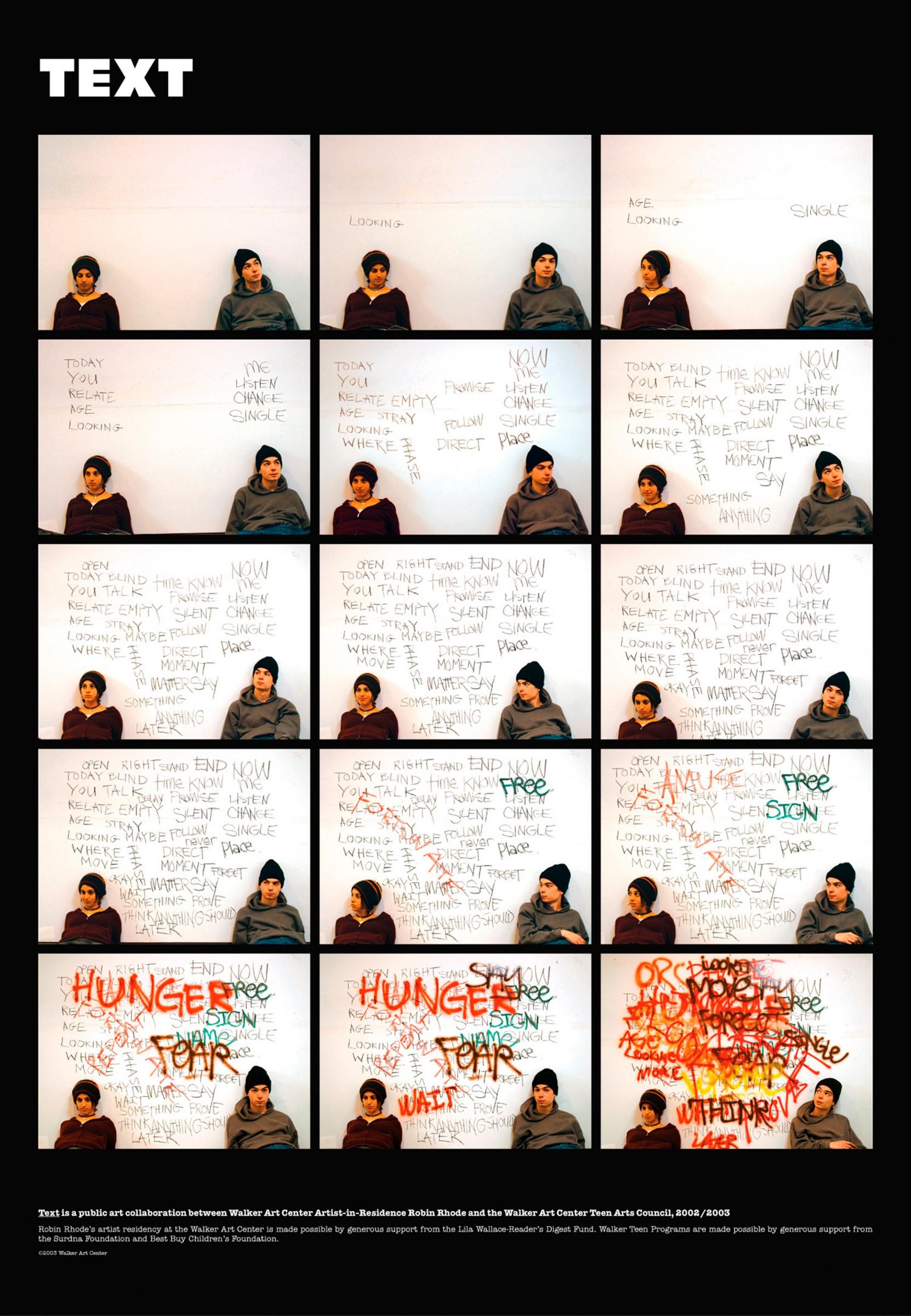 A grid of 16 photos shows a woman in a headscarf seated in front of a whiteboard with words and messages about hunger and social issues written in colorful markers. The word TEXT is at the top left.