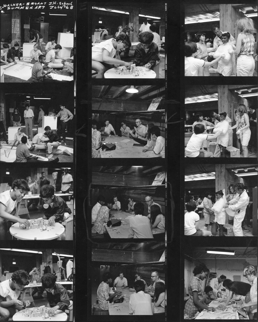 Contact sheet showing black-and-white photos of children and adults engaged in creative art-making in a classroom setting.