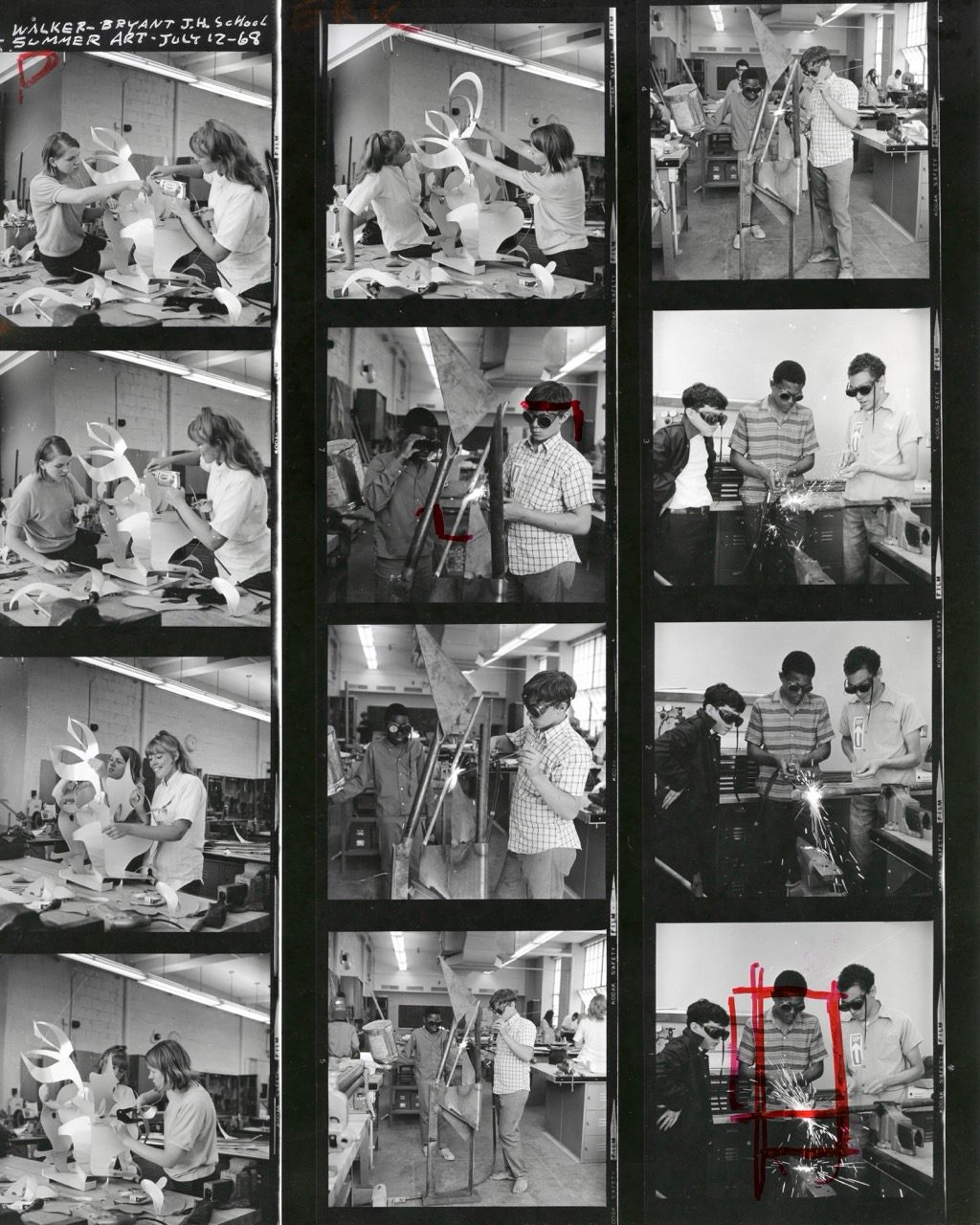 Black and white contact sheet of people constructing abstract sculptures in a classroom. Some frames are marked with red grease pencil.