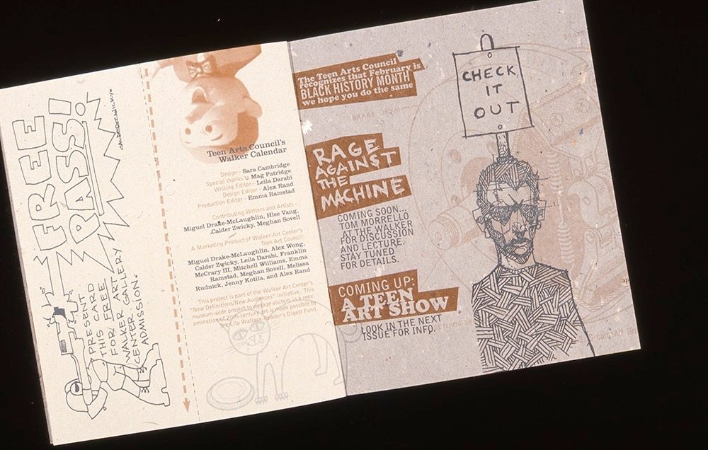 Folded zine featuring hand-drawn art, FREE PASS! text, event listings, and sections promoting Black History Month, a Rage Against the Machine event, and an upcoming art show. Geometric doodle figures are featured.