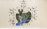 A detailed infographic on a white wall shows abstract geometric patterns, icons, and green and blue circles, with silhouetted human figures at the center, representing interconnected systems and relationships.