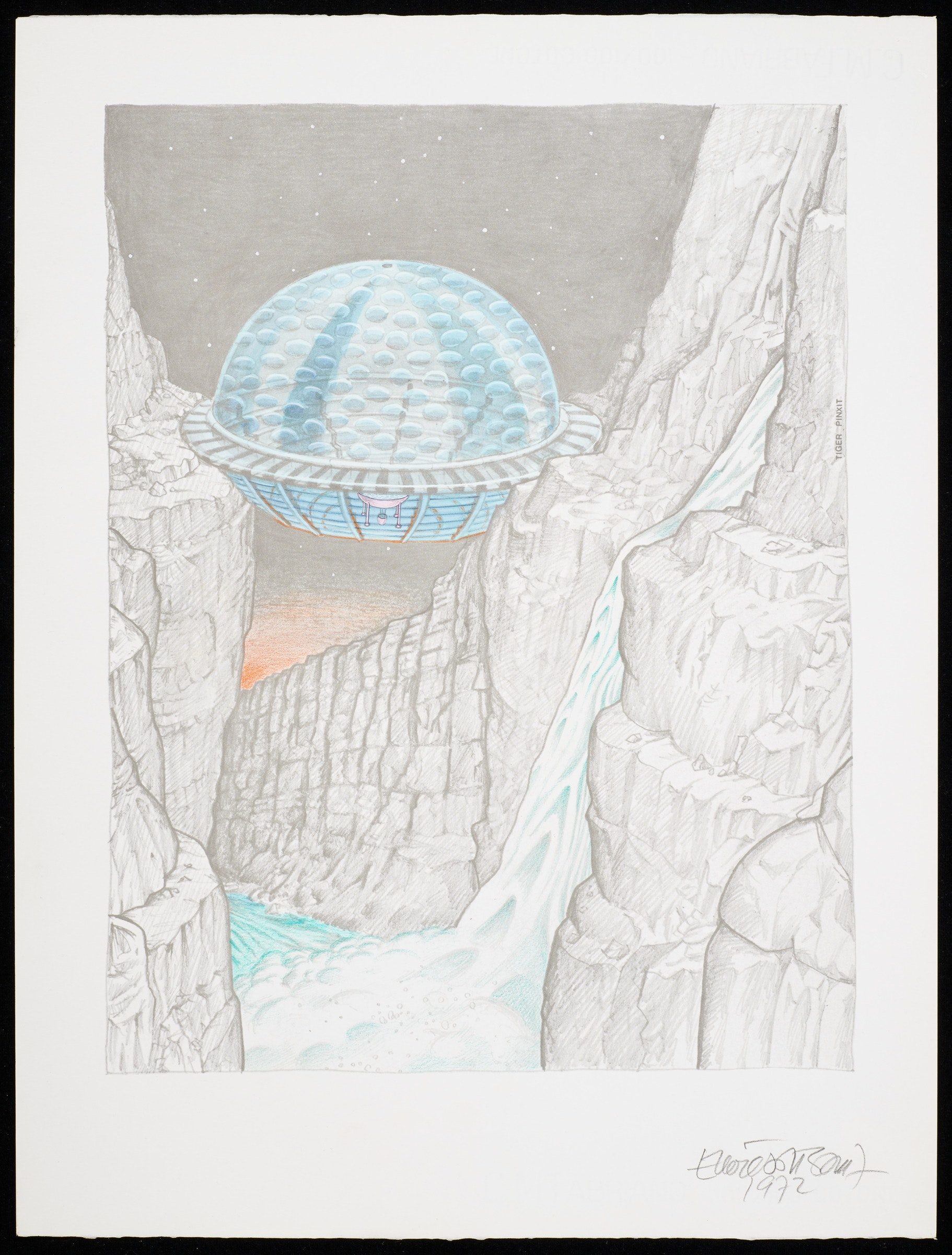Illustration of a blue other-worldly structure amongst mountains.