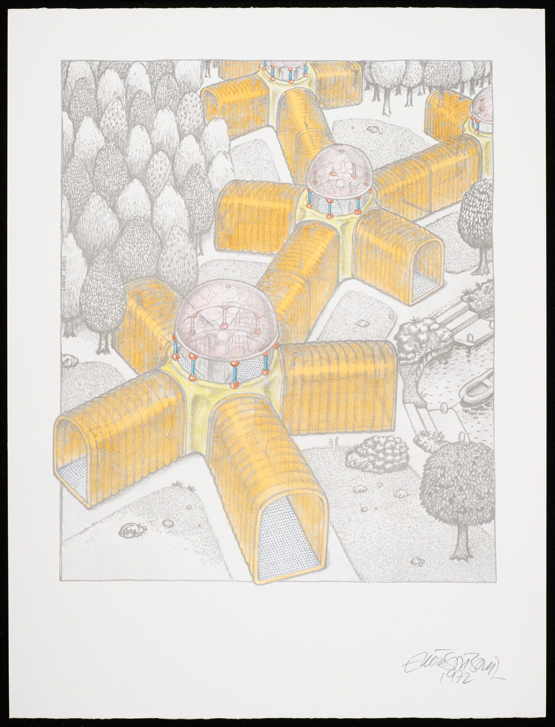 An illustration of colorful structures in a graphite landscape.