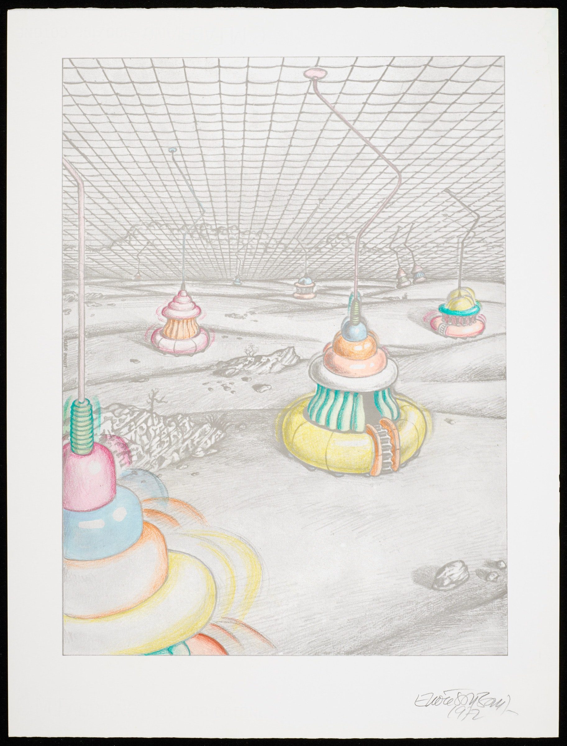 An illustration of colorful structures in a graphite landscape.