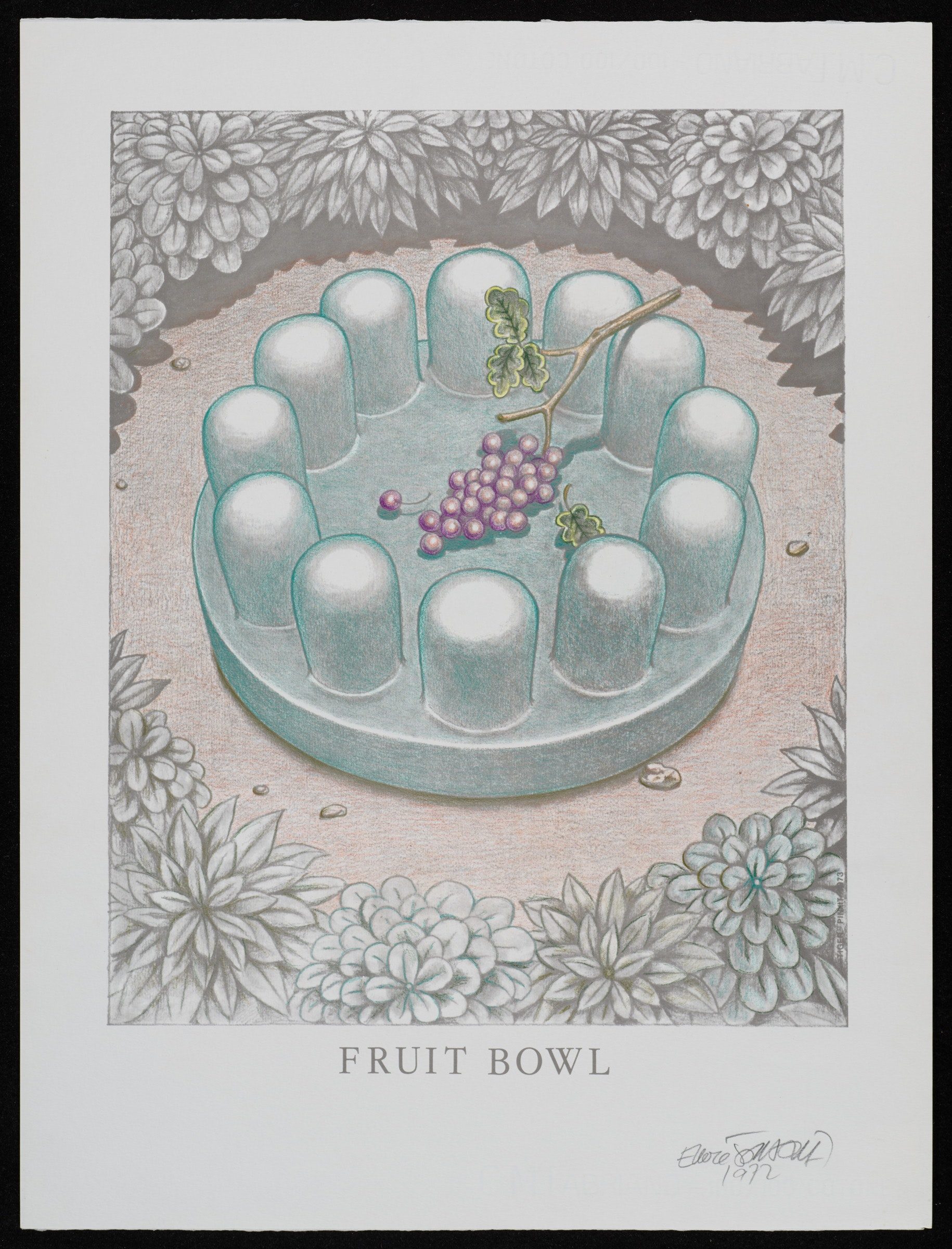 Illustration of grapes in a strange object and leaves around.